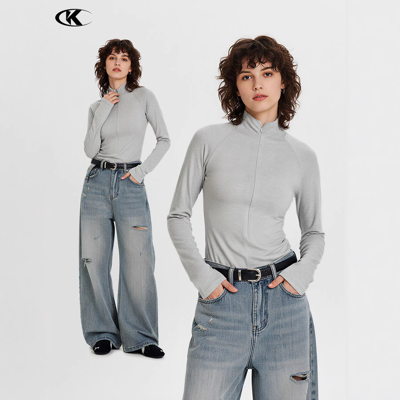 11Kn American-Style Half-High Collar Zipper Slim-Fit Top for Women, Made of Expanded German Velvet, Elastic, Heat-Retaining Yoga Fitness Sportswear