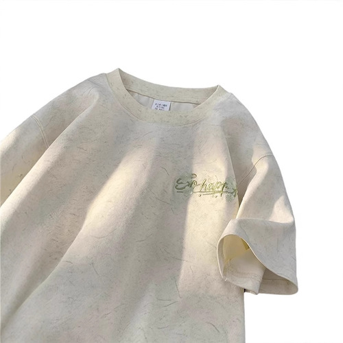 240G Heavyweight Sand-washed Ice Silk Loose Round Neck Short-sleeve T-shirt for Men, Summer Trend Brand Embroidered Ice Silk Half-sleeve T-shirt