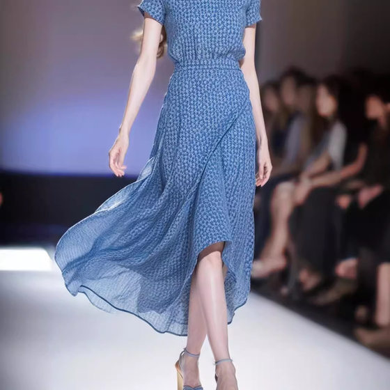 FL240423 Tea Break French Pear-Shaped Figure Elegant Slim Blue Floral Chiffon dress Women's Summer Long Dress