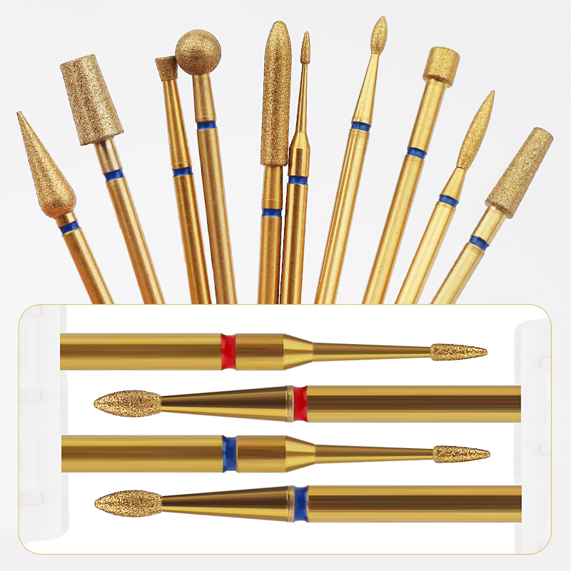 Cabezal de pulido de diamante chapado en oro transfronterizo, exfoliante de bolsillo, pretratamiento, cabezal de pulido largo fusiforme, manicura profesional