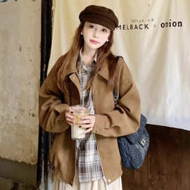 原版做法美式麂皮绒翻领外套女秋冬宽松时尚加厚棕色休闲夹克上衣