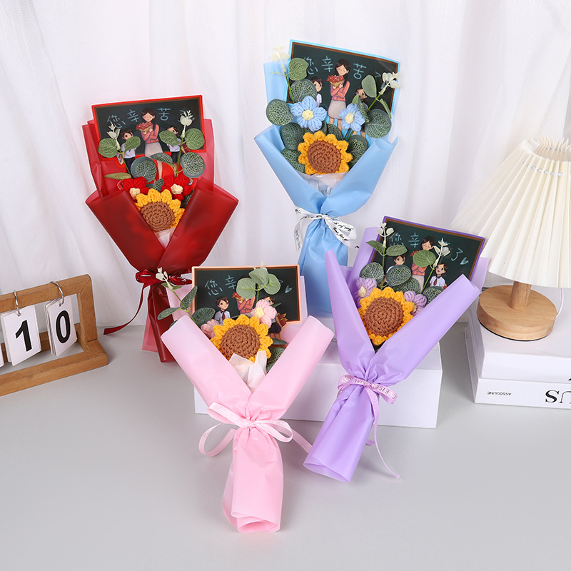 Regalos del día del maestro para niños y niñas, regalos creativos de vacaciones, lana hecha a mano, punto puff, ramo de girasol