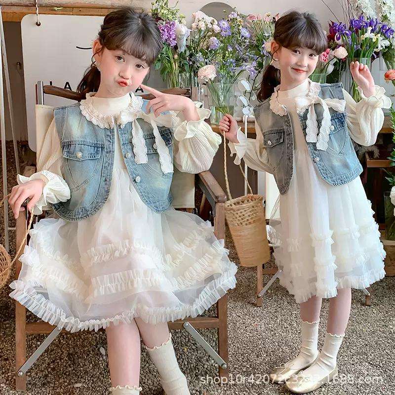 女童春装连衣裙套装2025新款中大童儿童马甲外套公主裙春秋款裙子