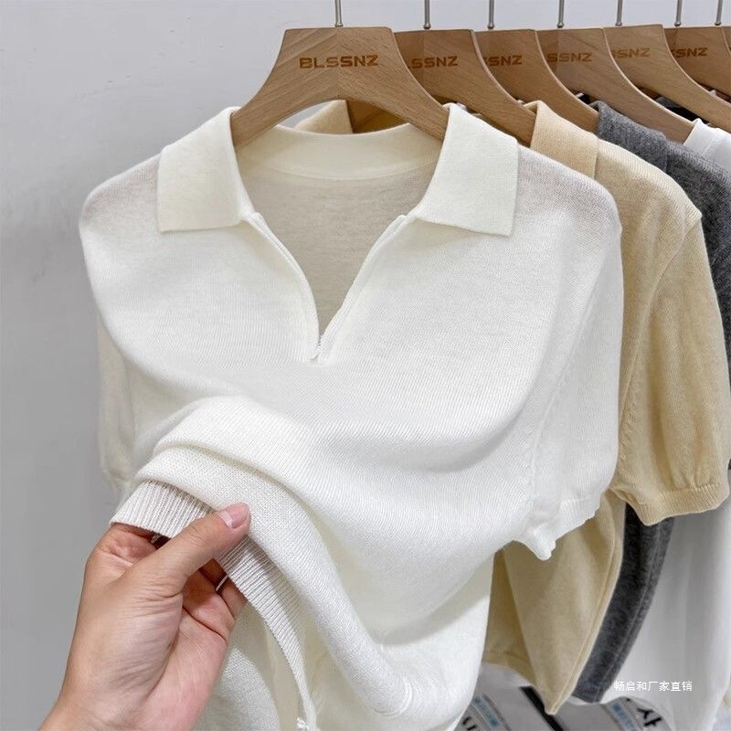 Women's Thin Collared Short-Sleeved Knit Sweater, 2026 Summer New Style, Stylish Design, Niche Half-Zip Top for Women