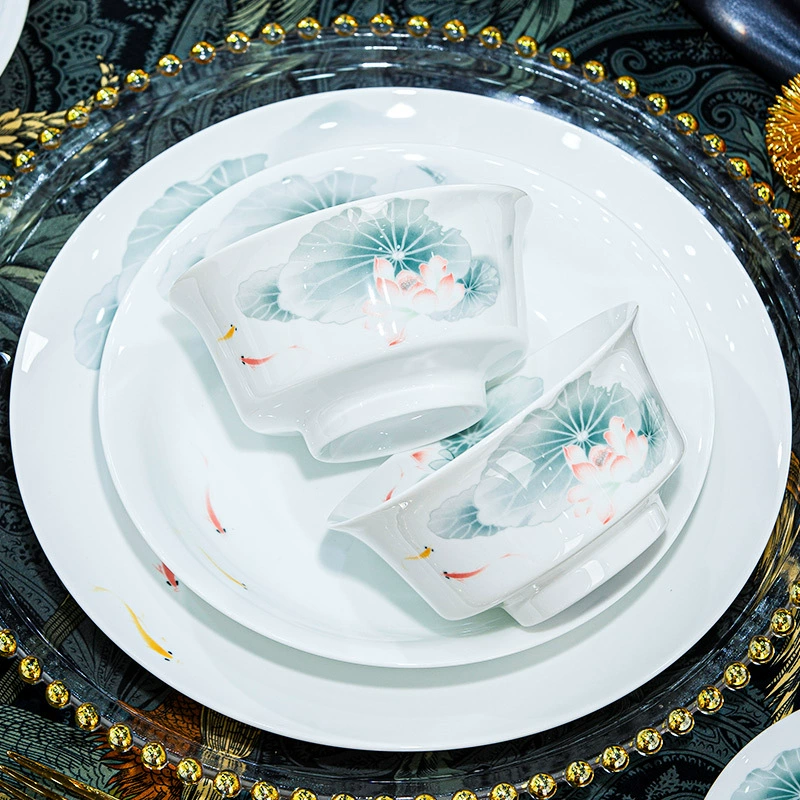 Набор посуды из китайской манеры Jingdezhen с подглазурной росписью, белая фарфоровая высокотемпературная, чаши и тарелки для дома, роскошные подарки высокого класса