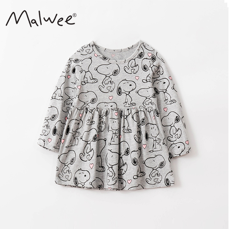En stock malwee niños vestido de otoño nuevos niños de manga larga impresa cuello redondo casual niña princesa vestido
