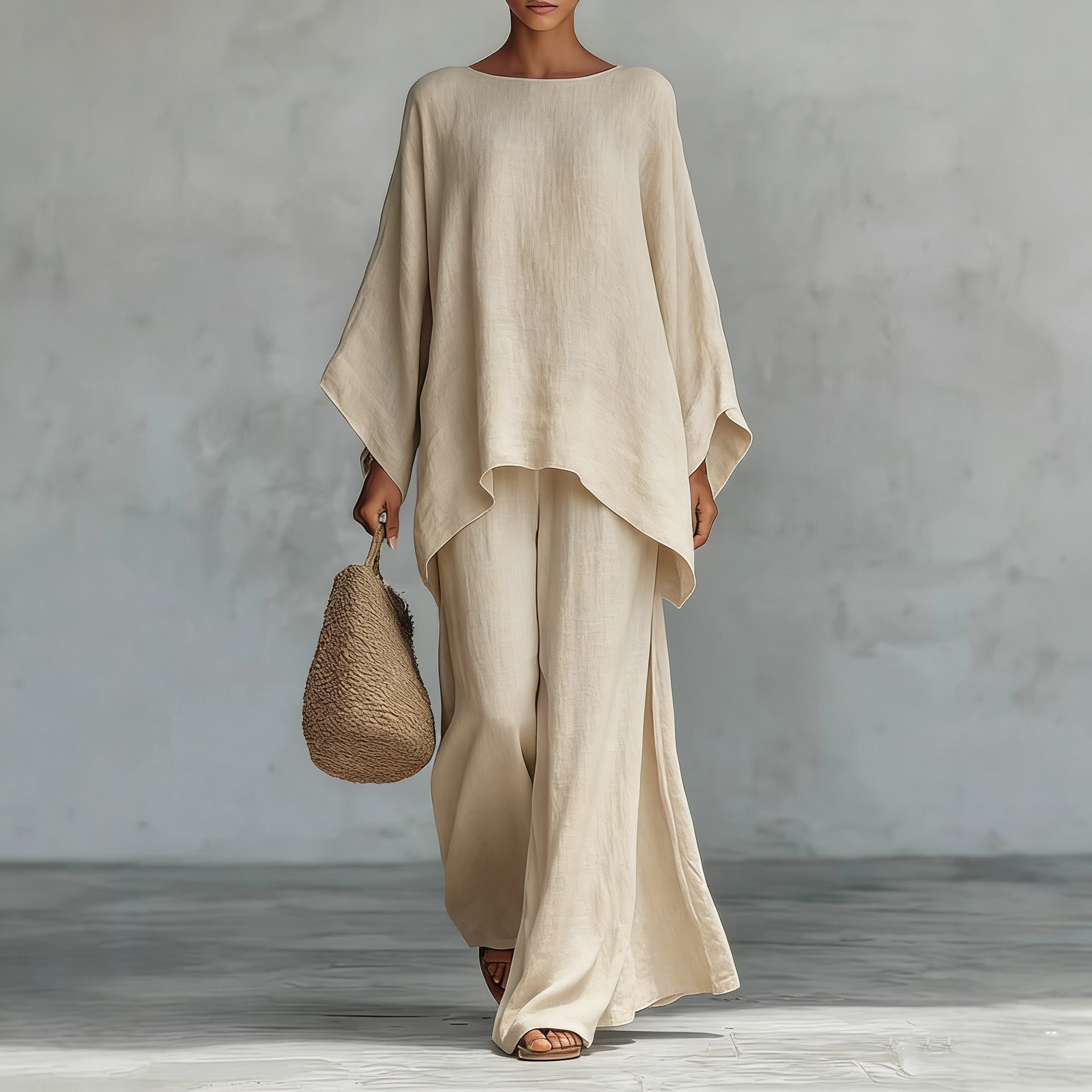 Breathable Linen-Blend Batwing Sleeve Shirt And Wide-Leg Pants Set For Women, Comfortable Office To Casual Wear, Available In Multiple Colors_ecoleips.com