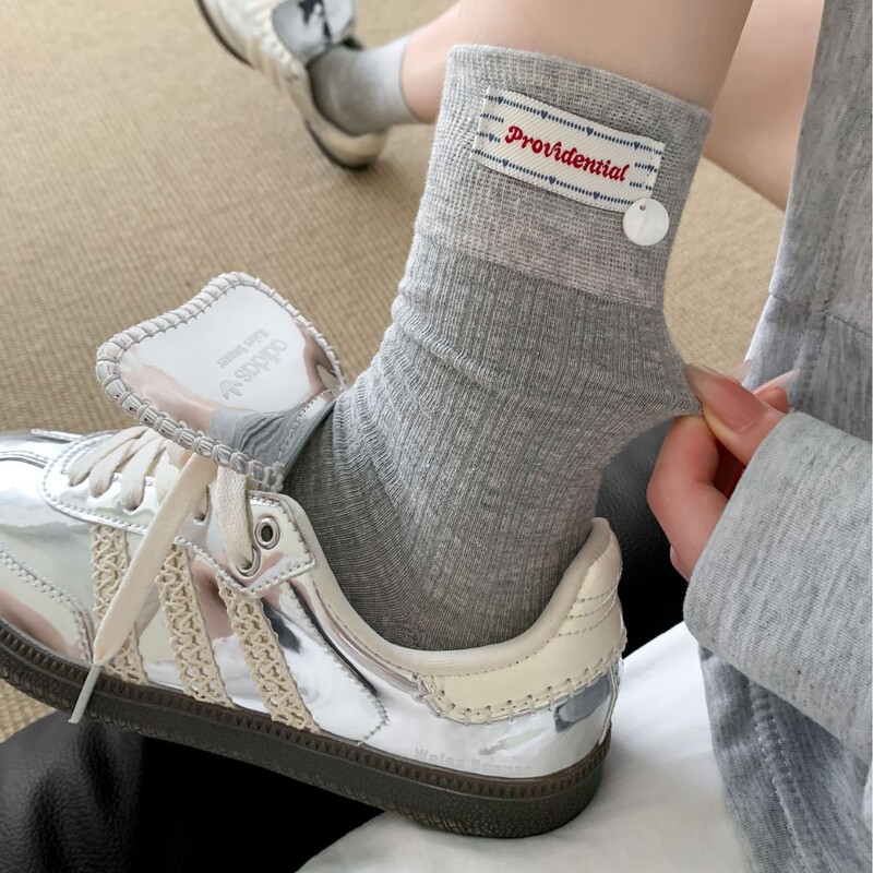 Korean-Style Gray Fabric Label Shell Socks for Women, Pure Cotton Mid-Calf Socks, Summer Seamless Slouch Socks to Pair with Birkenstock Shoes