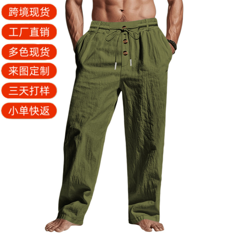 Cross-border Amazon men's spring and autumn loose breathable casual linen trousers with drawstring waist and 3 buttons Cross-border Amazon men's spring and autumn loose breathable casual linen trousers with drawstring waist and 3 buttons