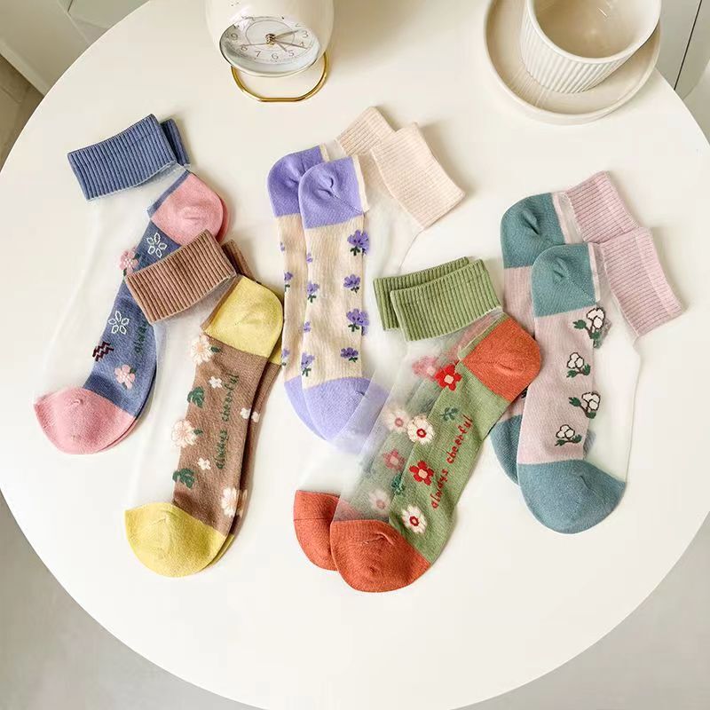 Spring and Summer Crystal Socks Women's Short Socks Shallow Mouth Summer Cotton Foot Surface Transparent Socks Summer Thin Glass Silk Socks