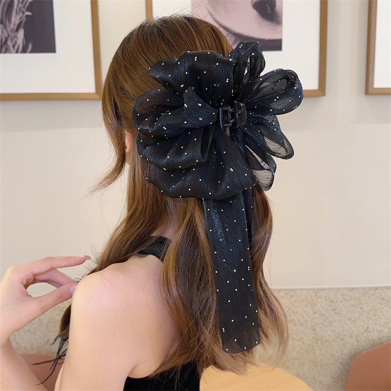 スーパーフェアリーフローラルビッグリボンリボンクリップフォレストスタイルハイエンドシャーククリップ後頭部用シフォン生地ポニーテールクリップ|undefined