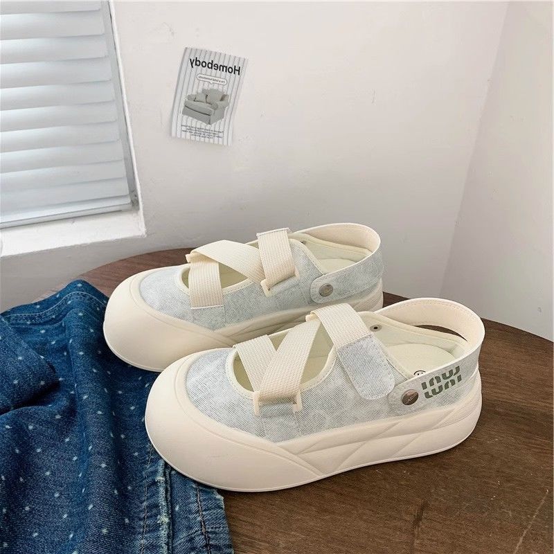 Zapatos blancos de un pie para mujeres 2024 otoño nuevos zapatos de mujer de verano Velcro zapatos casuales universales cabeza redonda