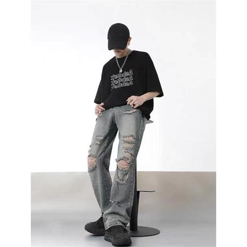 Vintage washed ripped hole men's streetwear hip-hop fashion loose straight-leg slimming pants