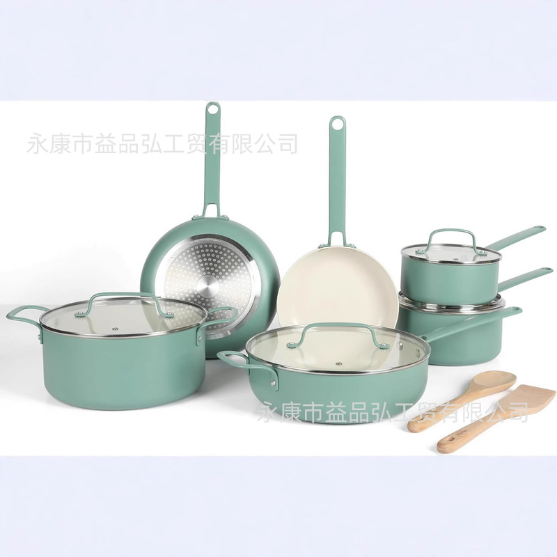 Venta caliente transfronteriza Juego de sartén antiadherente estirado de aluminio Juego clásico de 12 piezas Sartén Wok Juego de olla de sopa Cocina de inducción universal