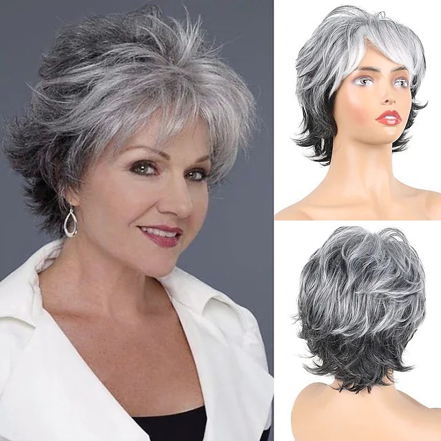 Peluca corta rizada degradada gris blanquecina para mujer caucásica, extensiones de cabello sintético para personas mayores, orientadas a la exportación._voghion.com