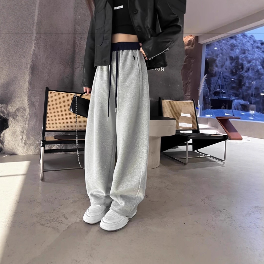 Fleece-Lined Lazy Style Banana Wide-Leg Pants for Women, Autumn and Winter Thickened Loose Versatile Color-Block Casual Scimitar Pants