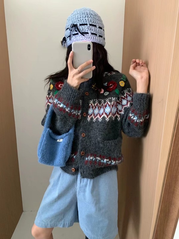 韩系古着感费尔岛提花毛衣开衫外套女秋冬新款慵懒软糯宽松针织衫|undefined