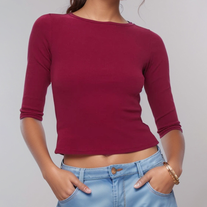 2026 Spring/Summer European and American Style Women's Fashion Cross-Border New Product Round Neck Slim Fit Half Sleeve Short T-Shirt Top Base Shirt