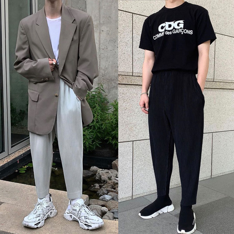 Japanese Miyake Style Pleated Jf149 Classic Simple Loose Casual Harem Pants Tapered Pants Nine-Point Pants for Men