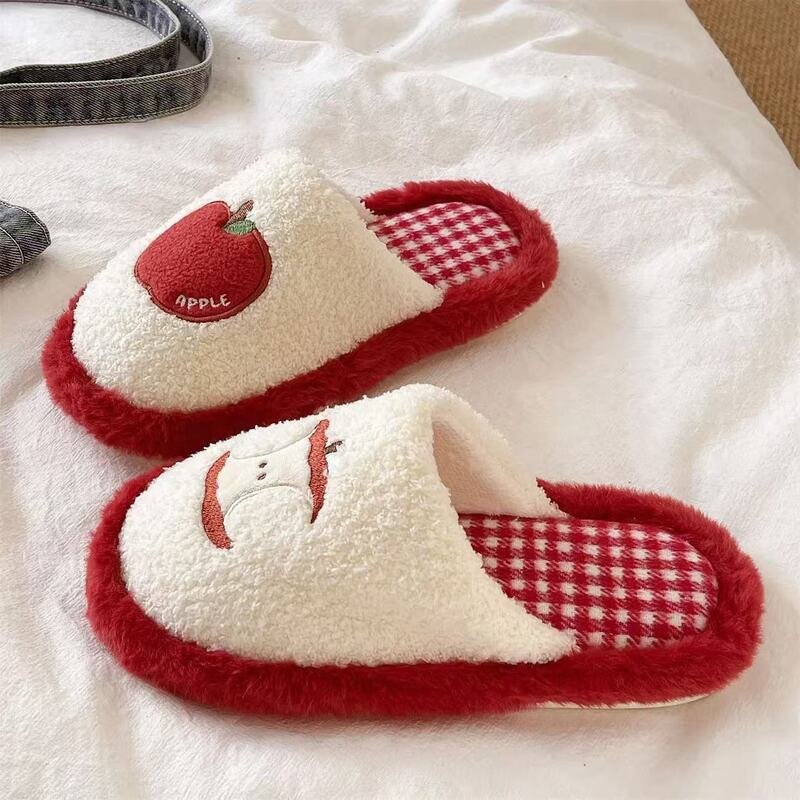 Cute Red Apple Cotton Slippers for Women, Winter Girly Plush Shoes, Home Floor Non-Slip Maternity Shoes, Dormitory Slippers Cute Red Apple Cotton Slippers for Women, Winter Girly Plush Shoes, Home Floor Non-Slip Maternity Shoes, Dormitory Slippers