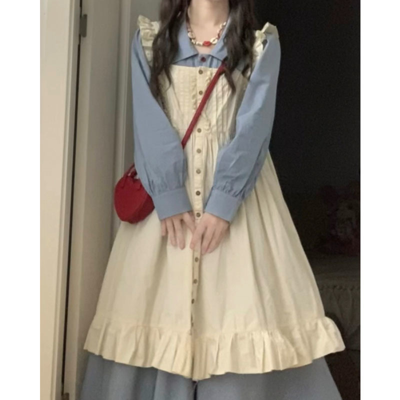 两件套秋季法式学院风设计感收腰显瘦连衣裙女学生+叠穿外搭罩裙|undefined