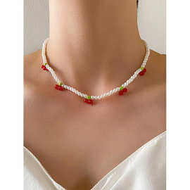 欧美新款仿珍珠波西米亚樱桃项链小众设计甜美精美时尚锁骨链