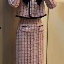 名媛气质秋新款套装小香风蝴蝶结上衣外套+显瘦半身裙两件套