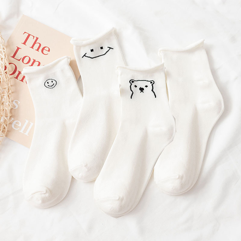 Summer Japanese-Style Rolled-Edge Socks, White Smiley Face Ins Girl Cartoon Bear Mid-Tube Women's Socks, Versatile, Sweat-Absorbent, Non-Slip