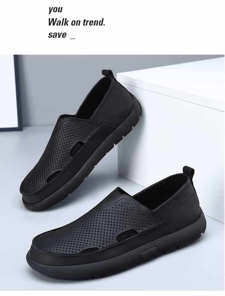 Dép sandal nam da bò đế bằng mũi tròn kiểu lười thoáng khí, đế cao 1 cm — Trắng CB9926-2, Đen CB9926-2 chi tiết 9