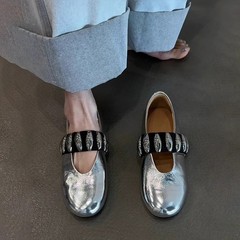 シープスキンバージョン~ニッチデザインシープスキン浅口メリージェーンシューズレディースメタルシルバーワンストラップフラットソール万能シューズ