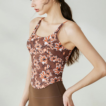 瑜伽服女跨境秋冬新款碎花吊带背心运动户外速裸感训练健身服上衣
