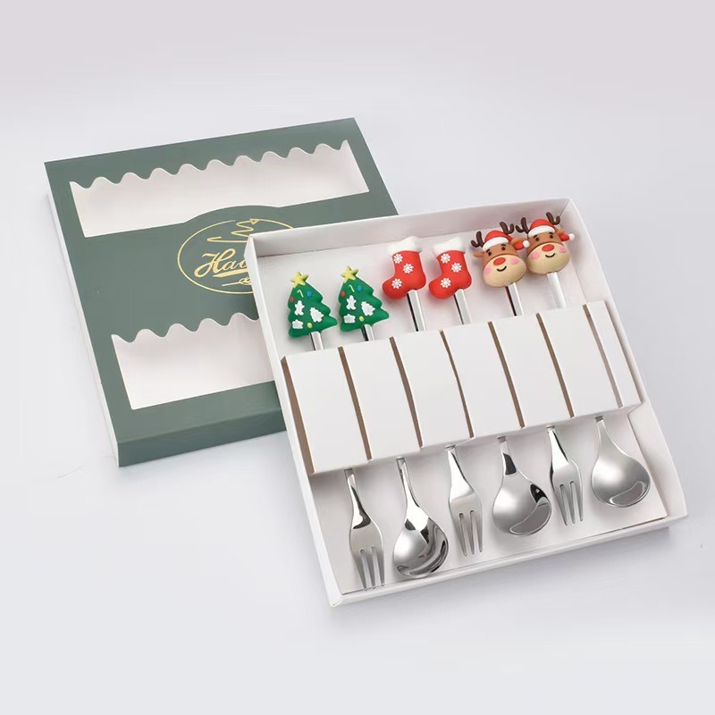 Cucharas de acero inoxidable transfronterizas muñecas de Papá Noel cubiertos cajas de regalo caseras de café mezclador cucharas de postre horquilla de frutas