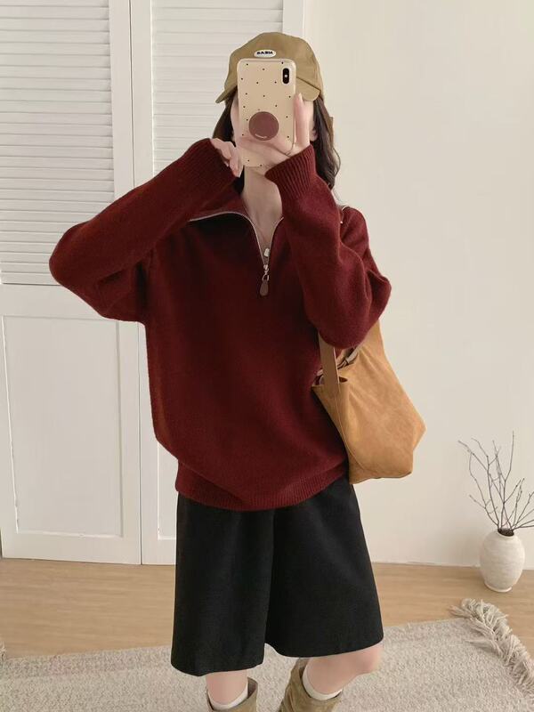 韩系半拉链翻领套头毛衣女2025秋冬季新款宽松百搭针织衫上衣|undefined