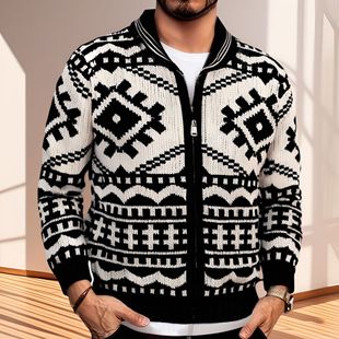 Foreign Trade Amazon Men's Autumn and Winter Men's Jacquard Knitted Coat Lapel Long Sleeve Jacket Sweater SY0020