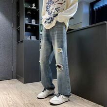 2025春夏秋四季新款破洞萝卜锥宽松直筒哈伦牛仔裤男潮Men jeans