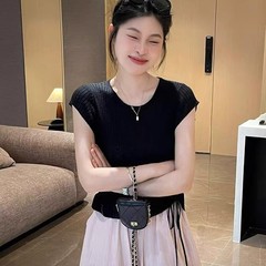 2025新型の綺麗な青いニットの氷の糸は腰を絞めて小さい飛袖の短い上着の女性の夏の修身半袖のtシャツです。