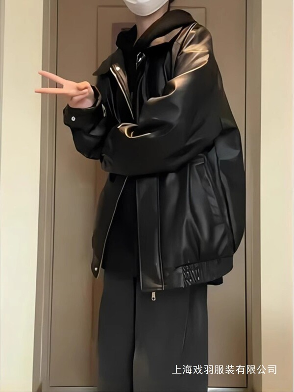Black Pu Leather Jacket for Men, Spring and Autumn, American Style Cleanfit Trendy Brand, Biker Pilot Loose Fit, Cool and Stylish, Wholesale