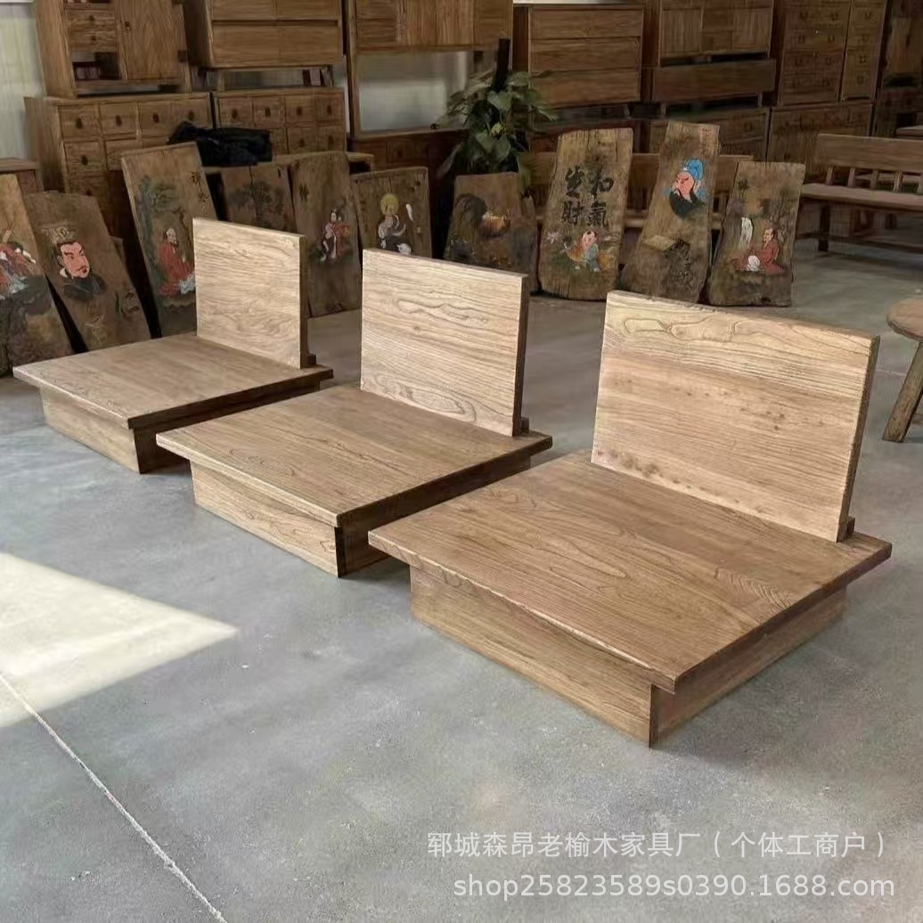 Wabi-Sabi Style Old Elm Straight Sofa Solid Wood Living Room Sofa B&B Hotel Antique Mortise and Tenon Floor Sofa Lounge Chair