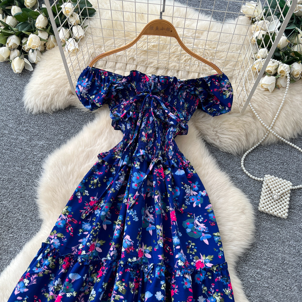 Women's French Sweet Style Square Neck Floral Dress Summer Korean Pleated Waist Tie A-Line Elegant Long Red Dress_ecoleips.com