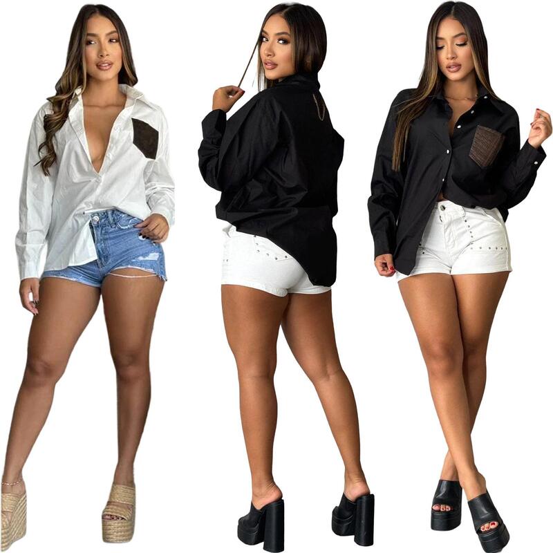 European and American Women's Shirts, New Summer Fashion Casual Leather Pocket Single-Breasted Shirt J5227