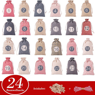 Cross-Border New 24 Digital Linen Bag Set Christmas Advent Calendar Countdown Linen Bag Christmas Gift Bag