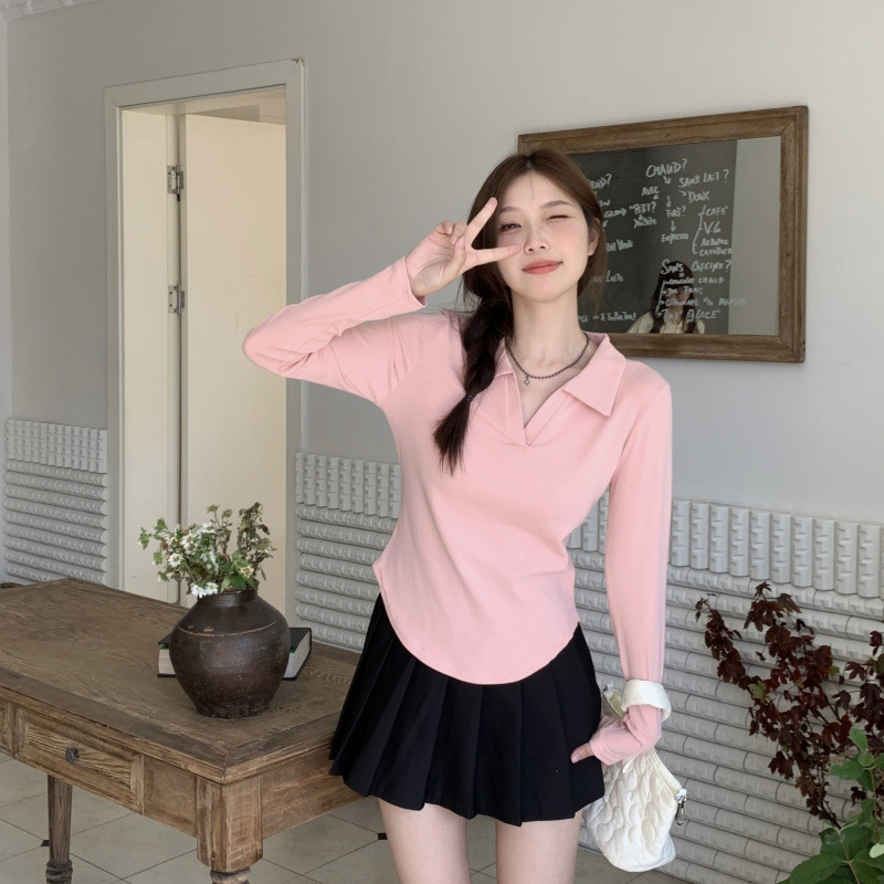 플러스 사이즈 베이스 셔츠 여성용 내부 긴팔 티셔츠 가을 뉴 통통녀 순수 바람 어깨 슬리밍 폴로 칼라 탑