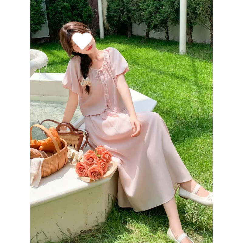 フレンチピンクパフスリーブシャツトップススカートスーツ甘い年齢軽減ファッション夏の新しいツーピースセット|undefined