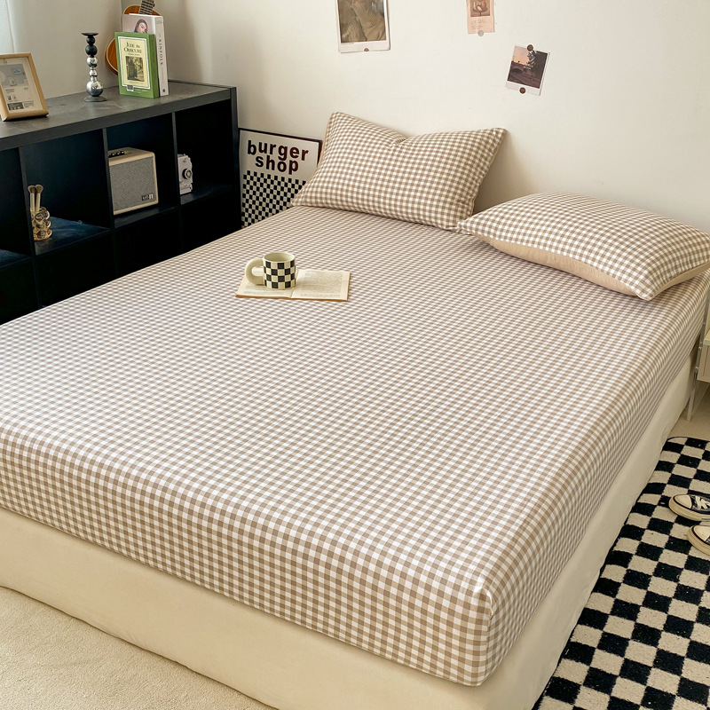 Simple washed cotton solid color single product fitted sheet student dormitory double solid color plaid bedspread mattress dustproof protective cover