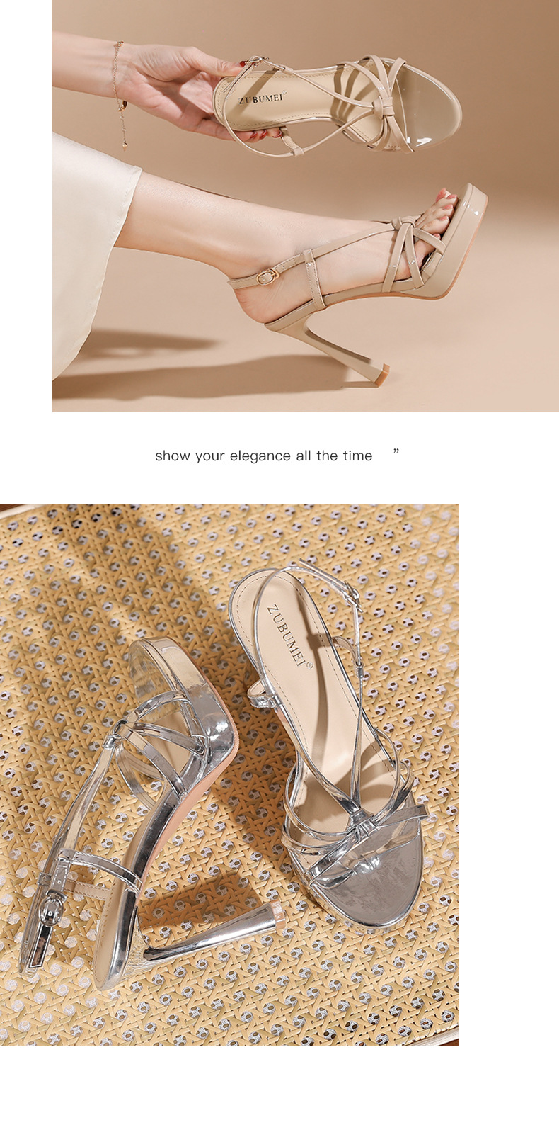 Sandal cao gót nữ hở mũi quai ngang một chữ, gót nhọn 9 cm, đế platform, phong cách tiên nữ — màu nude chi tiết 8