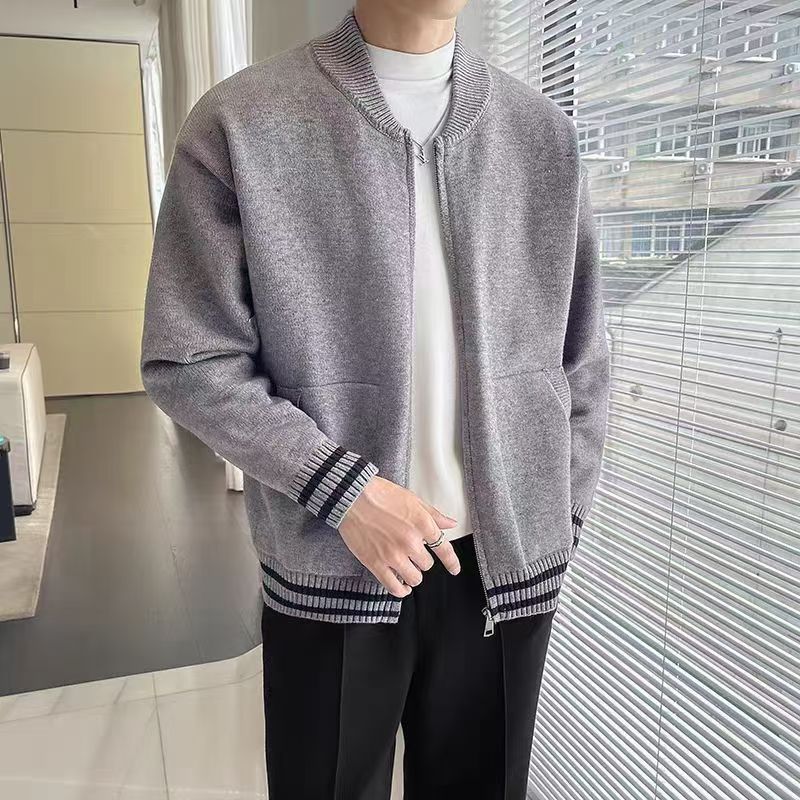 Cardigan da uomo a righe con zip per autunno inverno_voghion.com