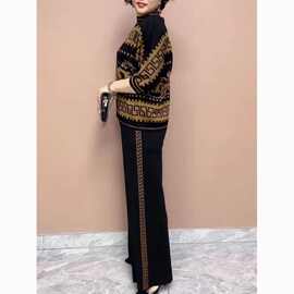 妈妈春秋季洋气新款中年女针织毛衣两件套装阔太太