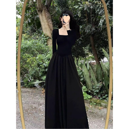Black Tea Party French Dress Spring Women's New High-End Hepburn Style Elegant Square Collar Slimming Long Dress