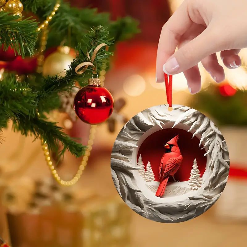 Colgante acrílico plano colgante decoración del árbol de Navidad listado disco pájaro rojo