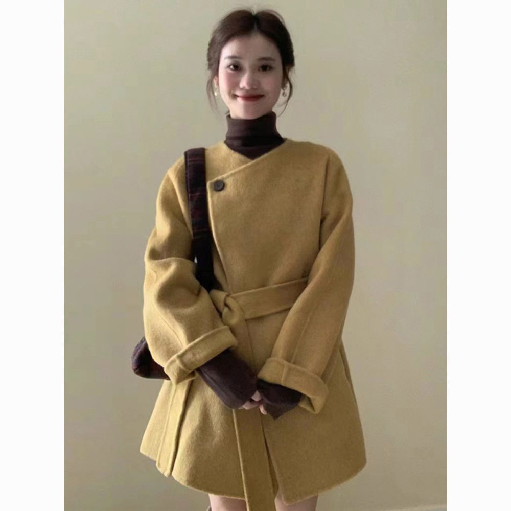 秋冬装搭配一整套韩剧女主穿搭小香风中长款毛呢外套内搭两件套装